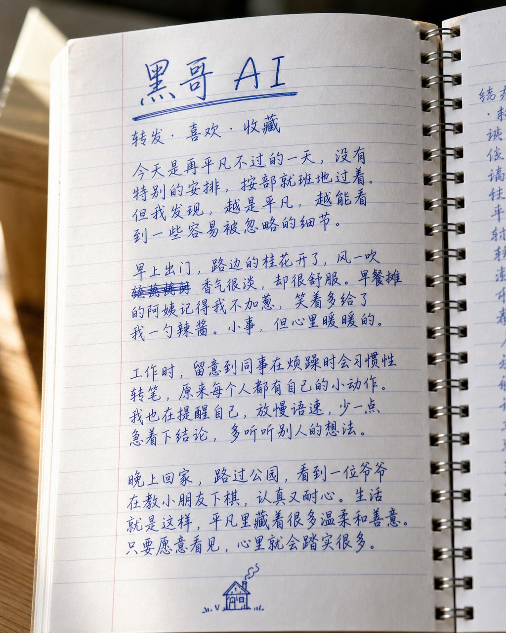 横格笔记本手写日记页近景，圆珠笔草书配划去文字、页边涂鸦与温暖窗光。