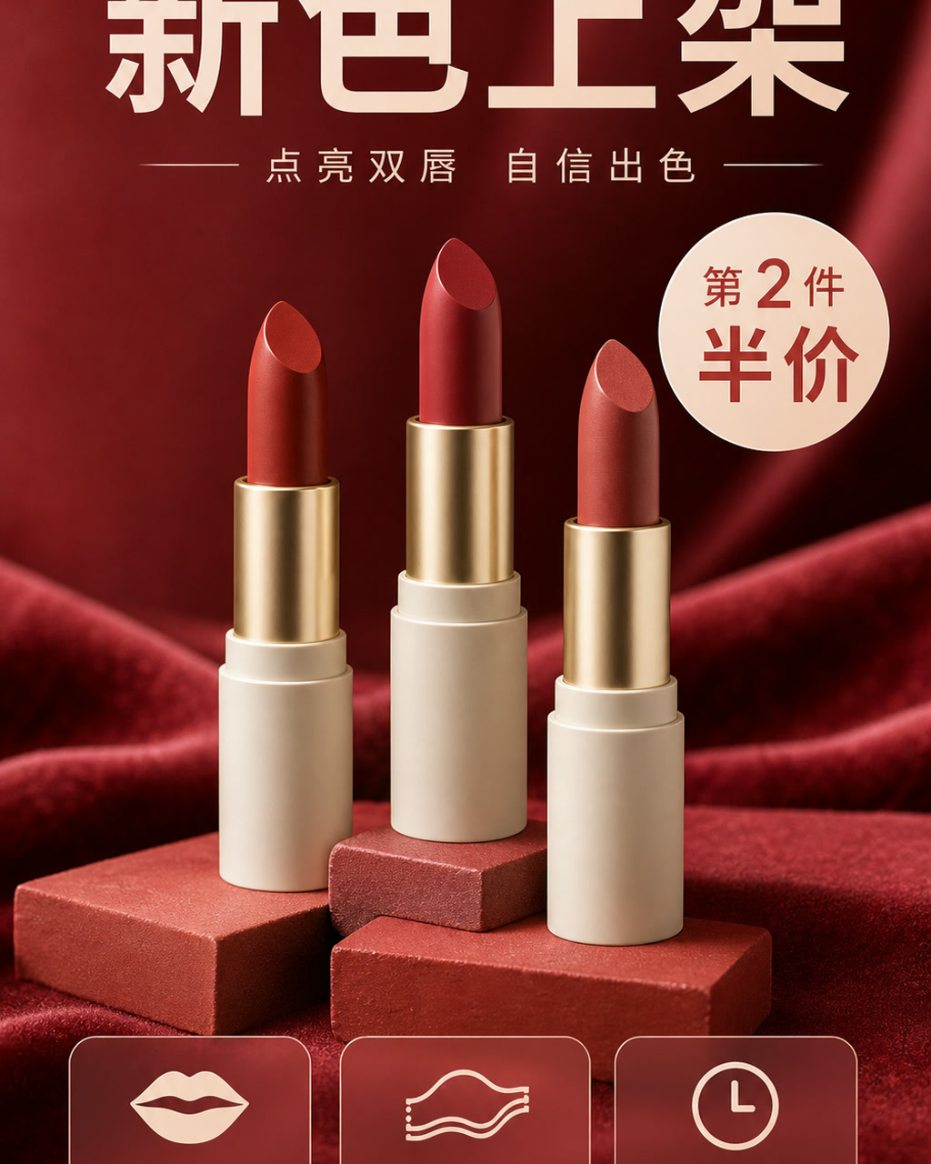 口红新品色号促销图，主文案为「新色上架」，卖点为「显白红调、丝绒雾面、持色不拔干」。