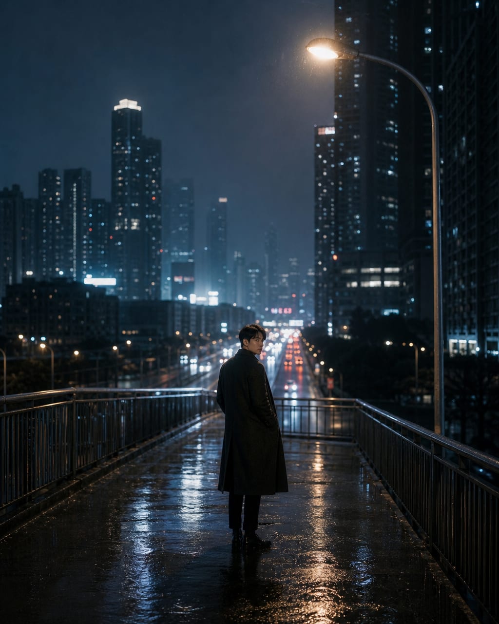 孤独城市电影肖像：夜街、远景构图和冷暖对比，表现人物内心距离。