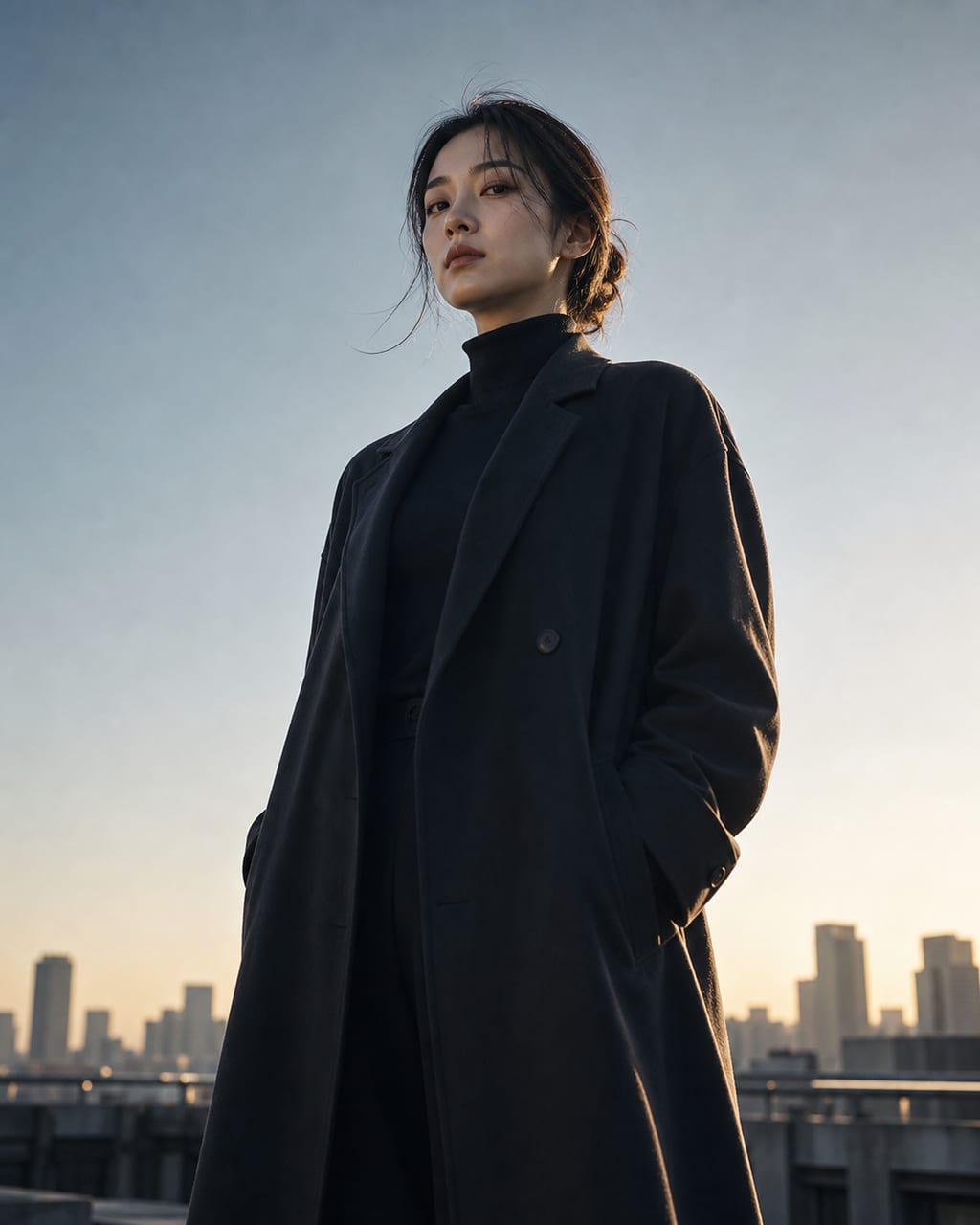 低角度英雄人像，清晨屋顶、低机位和稳定站姿。