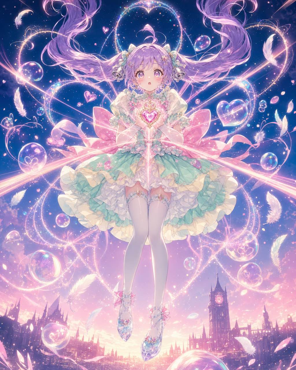 魔法少女悬浮空中，握住发光心形吊坠，粉彩光带和羽毛环绕，背景玫瑰金天空。