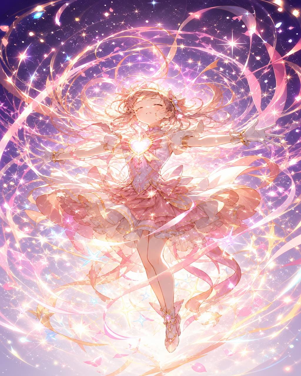 魔法少女变身瞬间，玫瑰金缎带与星形光粒环绕，深紫色背景圆形构图。