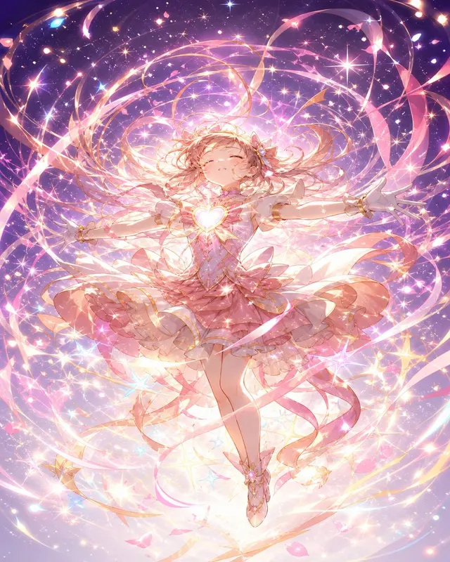 Magical girl mid-transformation in a radiant burst of rose-gold ribbons and star motes, circular composition on deep violet background.