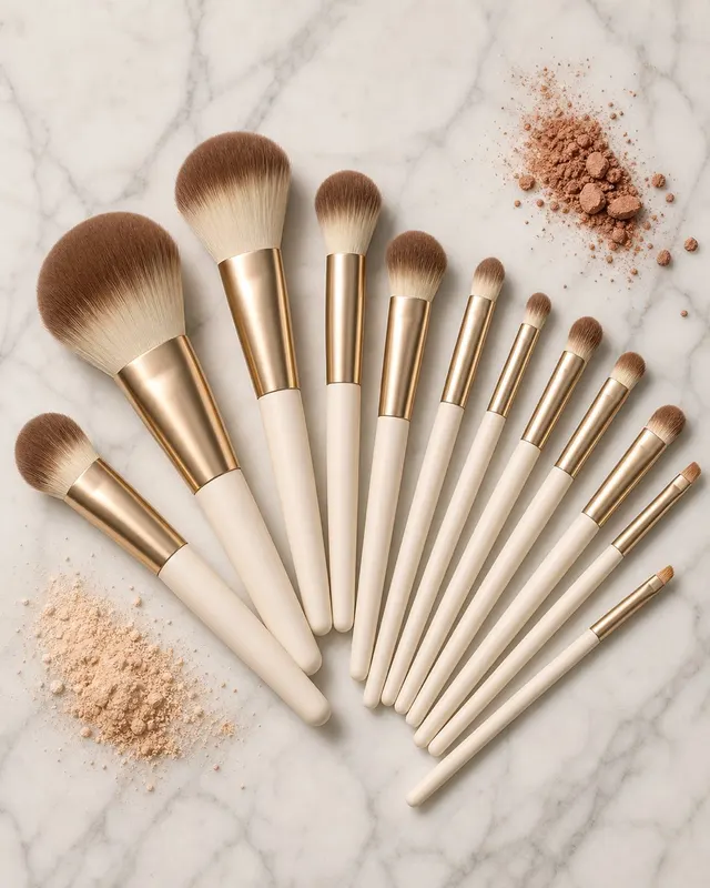 10-piece rose-gold makeup brush set in fan formation on grey marble, each brush casting a radial shadow pattern.