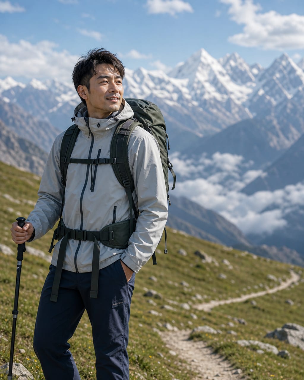 男士户外旅行肖像：山海、老街或车站背景，表现自由、探索和松弛感。