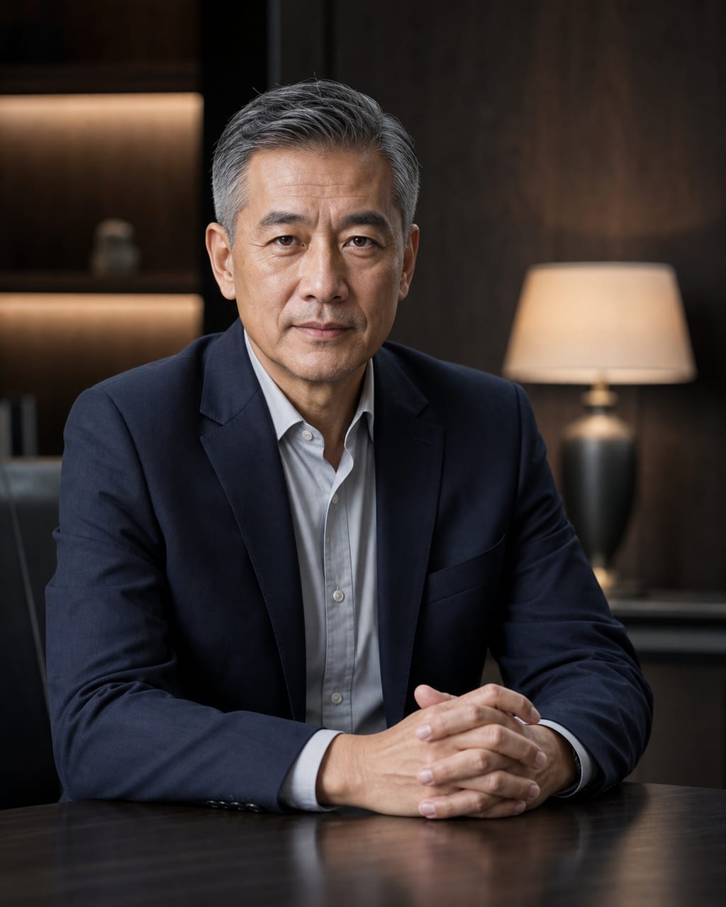 50+男性商务肖像：深色背景、稳健姿态和眼神控制，突出权威与经验。