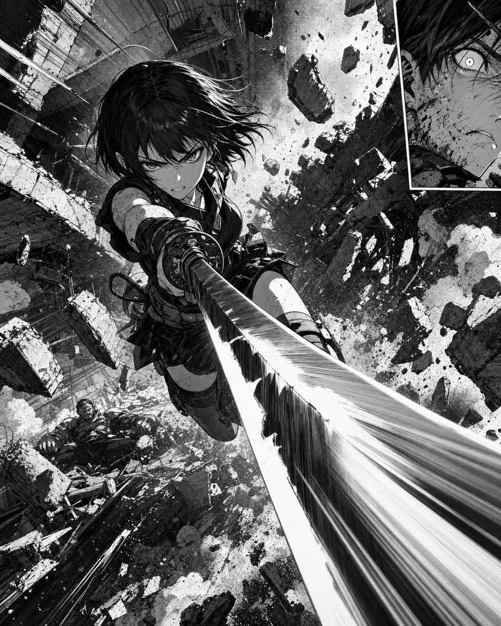 黑白漫画双页跨页，持刀女主角跃穿废墟，刀刃前缩透视指向读者，高对比网点。