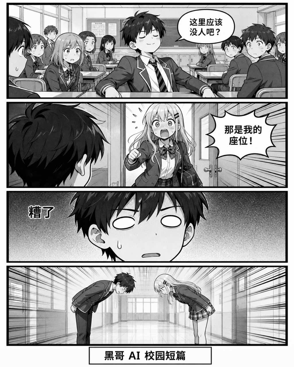 黑白四格漫画《Wrong Homeroom》，四格喜剧呈现校园座位误坐，网点调子表情夸张。