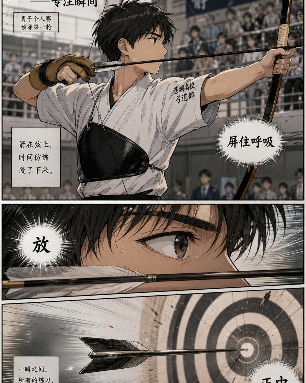 弓道比赛漫画专注瞬间，原创漫画风格样本，包含清晰漫画版式、角色动作和可见中文标题。