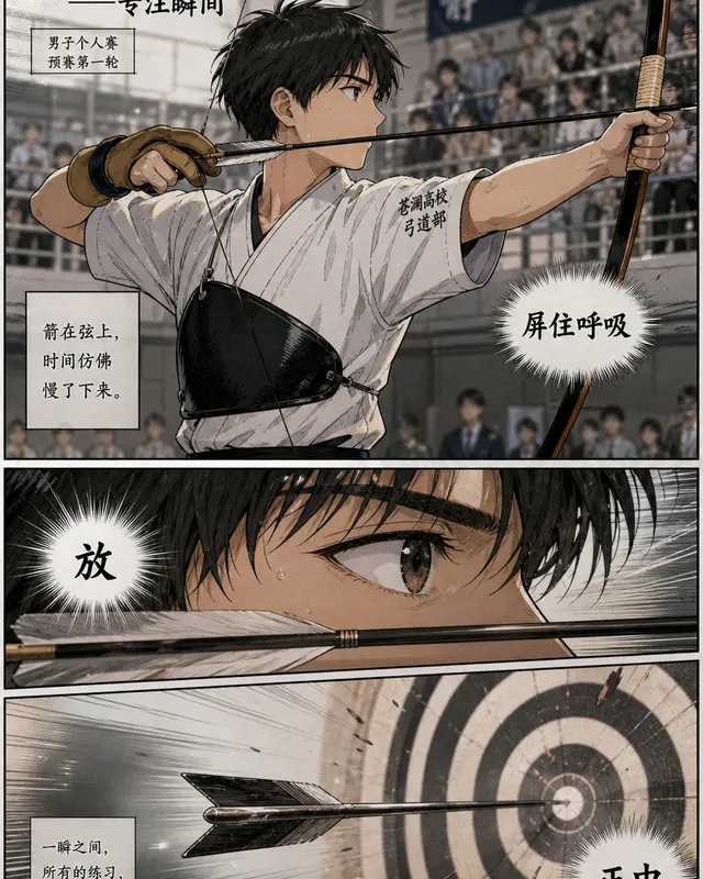 Manga Archery Tournament Focus, an original comic style sample with visible layout, character action, and readable lettering.