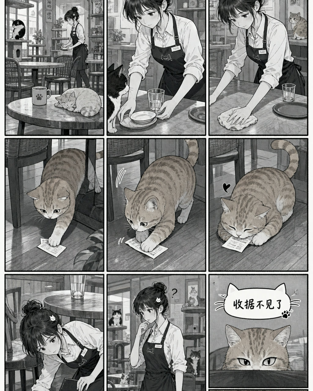 猫咖无对白漫画页，原创漫画风格样本，包含清晰漫画版式、角色动作和可见中文标题。