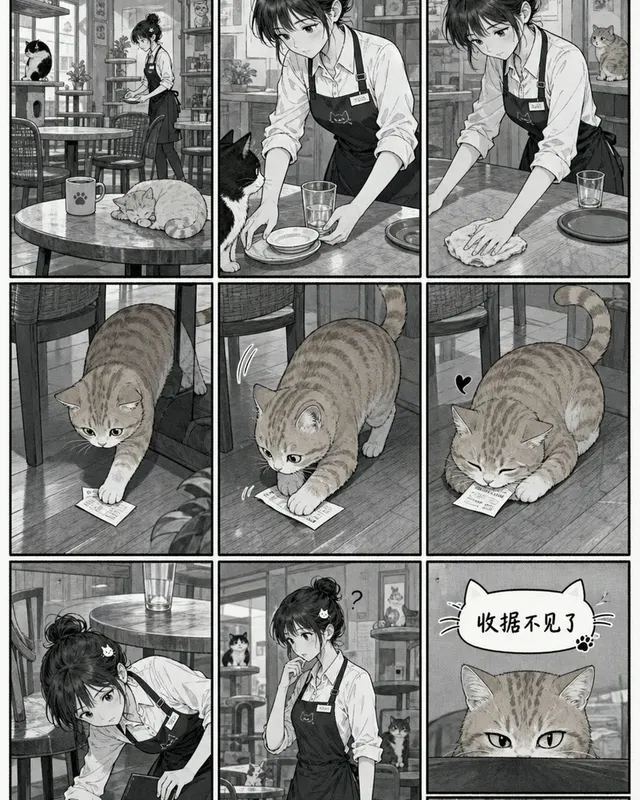 Manga Cat Cafe Silent Page, an original comic style sample with visible layout, character action, and readable lettering.
