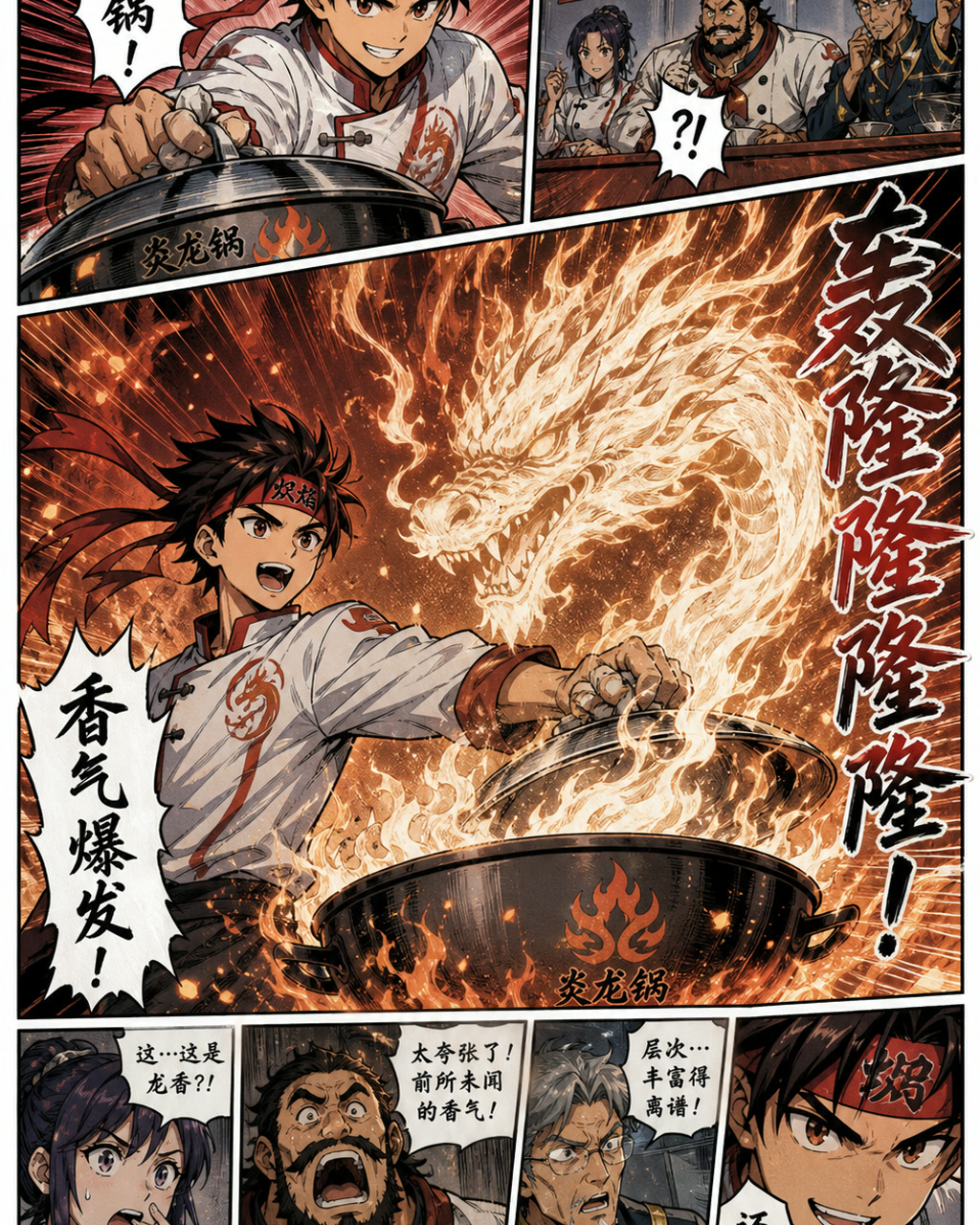 料理对决火焰漫画页，原创漫画风格样本，包含清晰漫画版式、角色动作和可见中文标题。