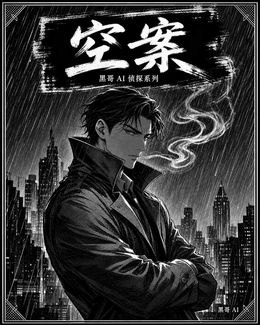 黑白漫画单行本封面《NULL CASE》，长外套侦探立于雨中城市轮廓前，醒目标题框。
