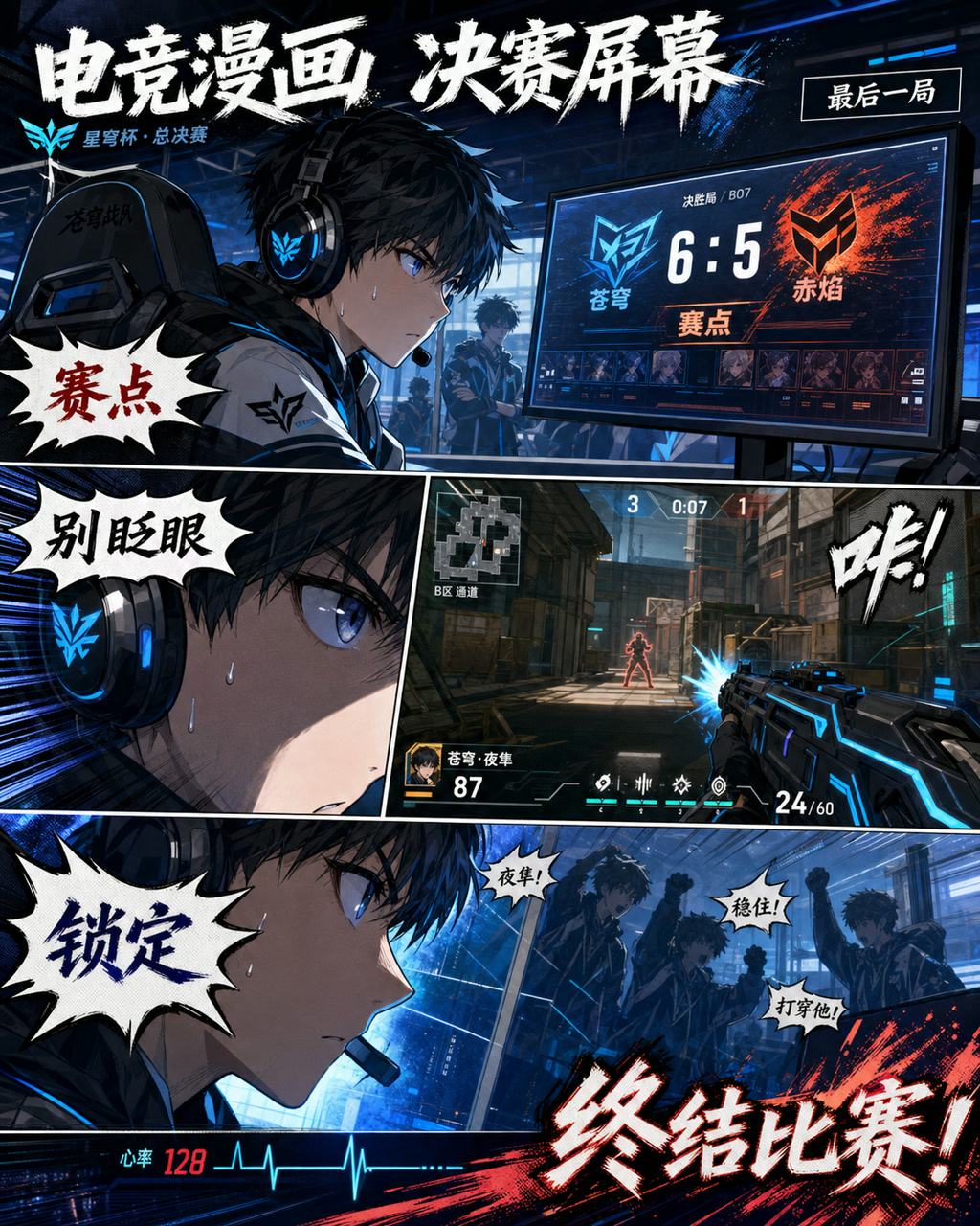 电竞漫画决赛屏幕，原创漫画风格样本，包含清晰漫画版式、角色动作和可见中文标题。