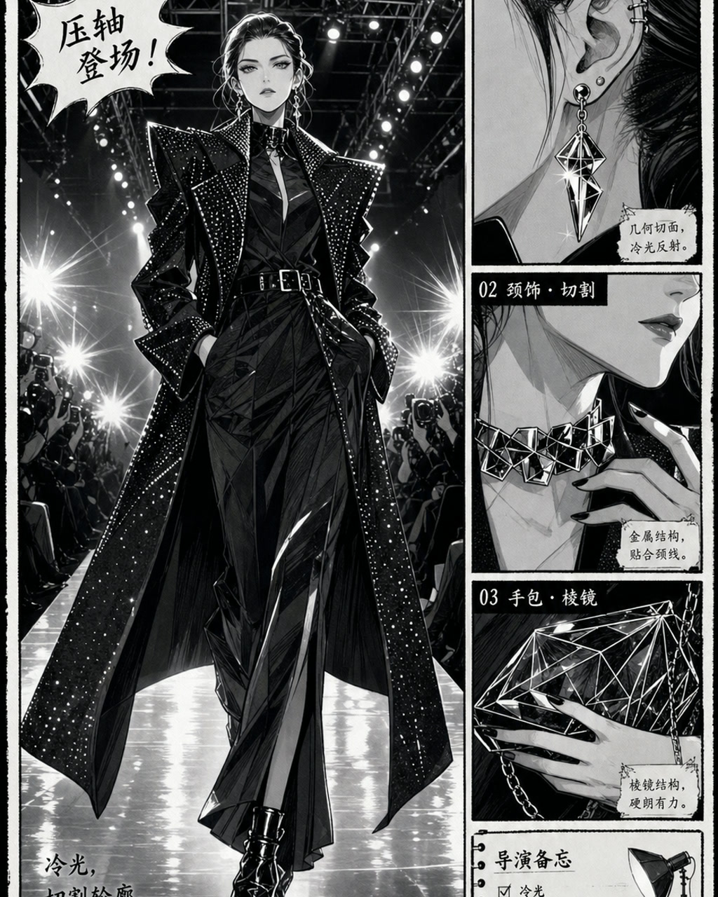 时装漫画秀场分镜，原创漫画风格样本，包含清晰漫画版式、角色动作和可见中文标题。