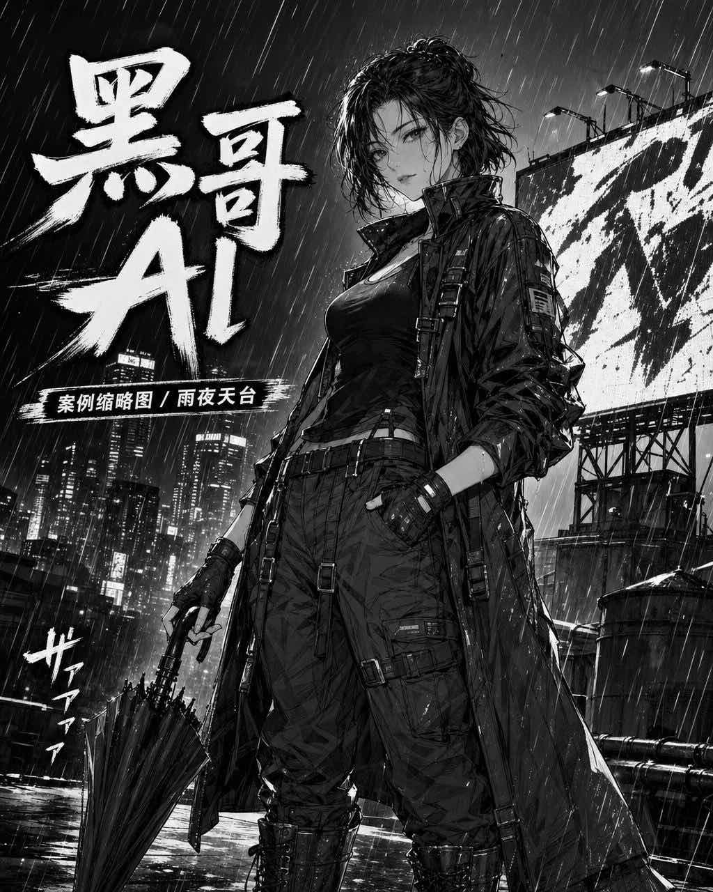 黑白漫画跨页：长技术风外套的年轻女主角立于雨夜天台，提收起的伞，使用网点阴影。