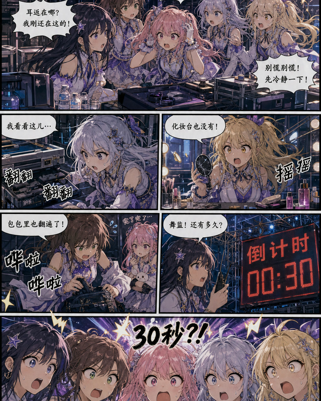 偶像漫画后台慌乱，原创漫画风格样本，包含清晰漫画版式、角色动作和可见中文标题。