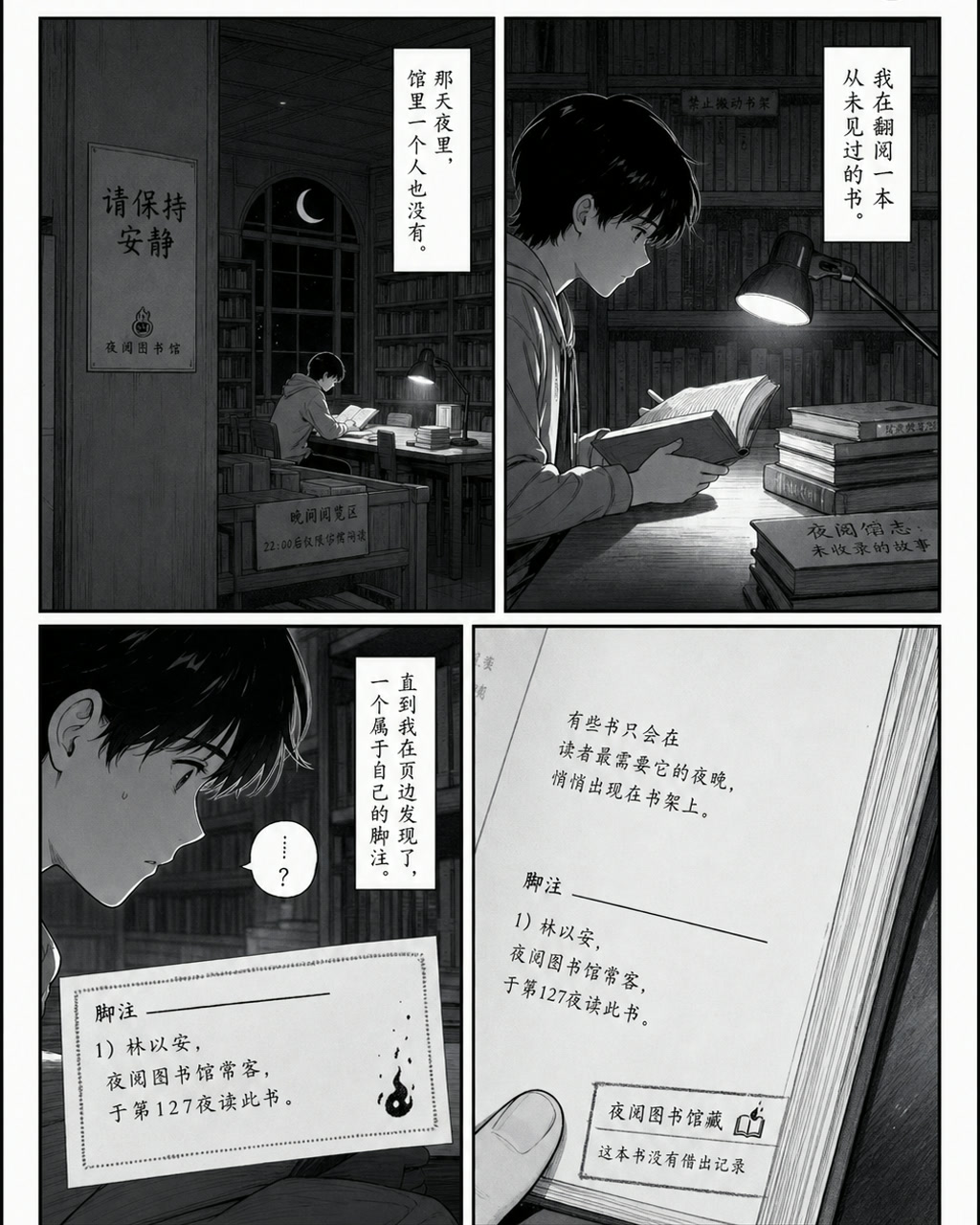 漫画图书馆幽灵脚注，原创漫画风格样本，包含清晰漫画版式、角色动作和可见中文标题。