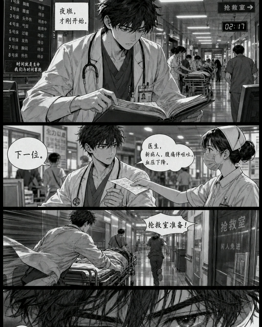 医疗漫画夜班急诊，原创漫画风格样本，包含清晰漫画版式、角色动作和可见中文标题。