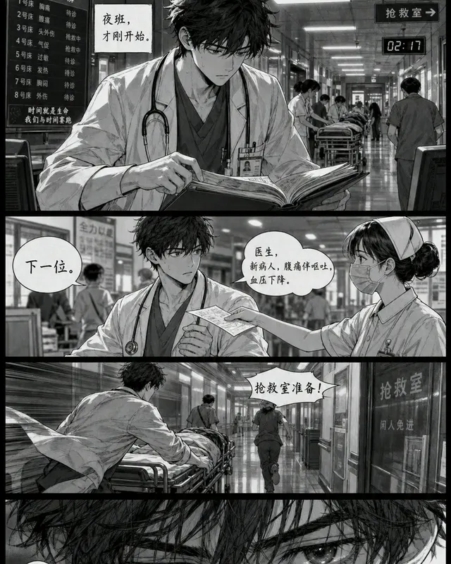Manga Medical Night Shift, an original comic style sample with visible layout, character action, and readable lettering.