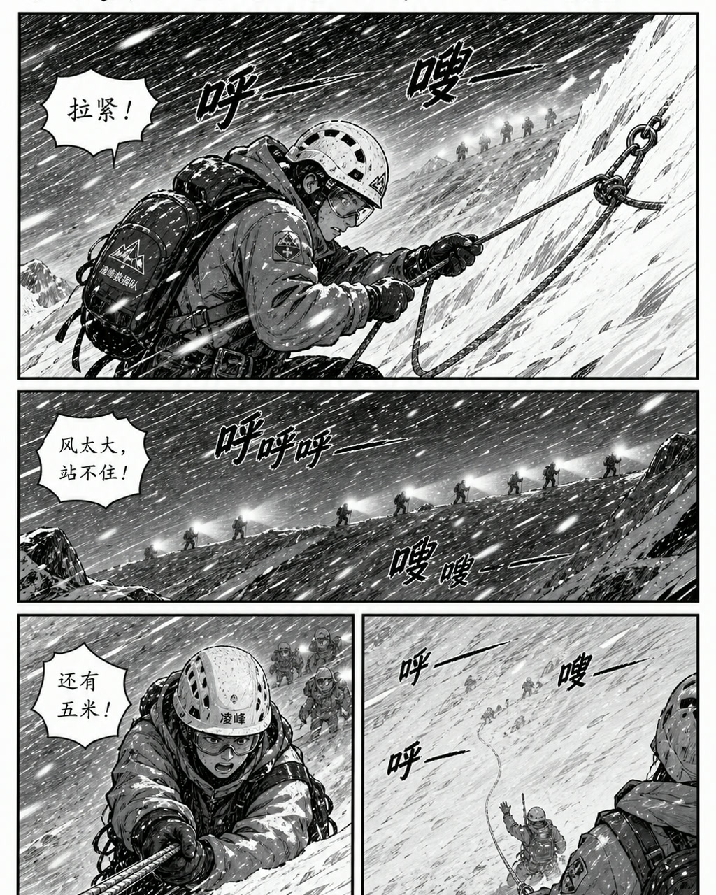 山岳救援漫画暴风雪，原创漫画风格样本，包含清晰漫画版式、角色动作和可见中文标题。