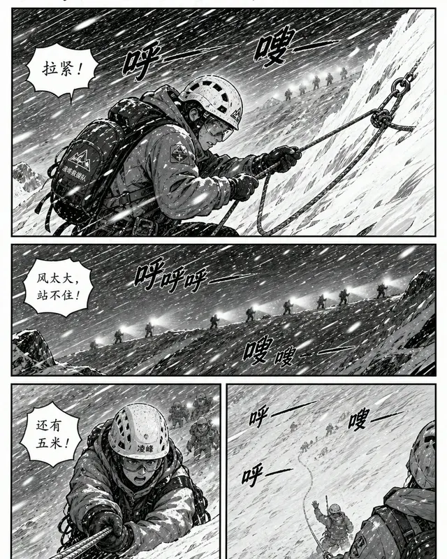 Manga Mountain Rescue Storm, an original comic style sample with visible layout, character action, and readable lettering.