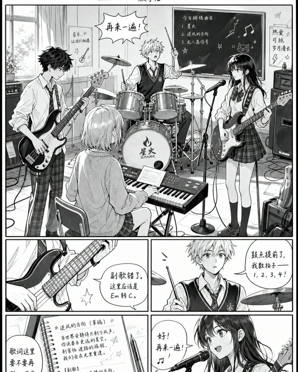 漫画音乐社排练，原创漫画风格样本，包含清晰漫画版式、角色动作和可见中文标题。