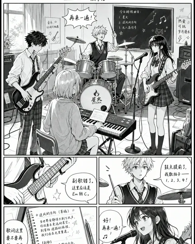 Manga Music Club Rehearsal, an original comic style sample with visible layout, character action, and readable lettering.