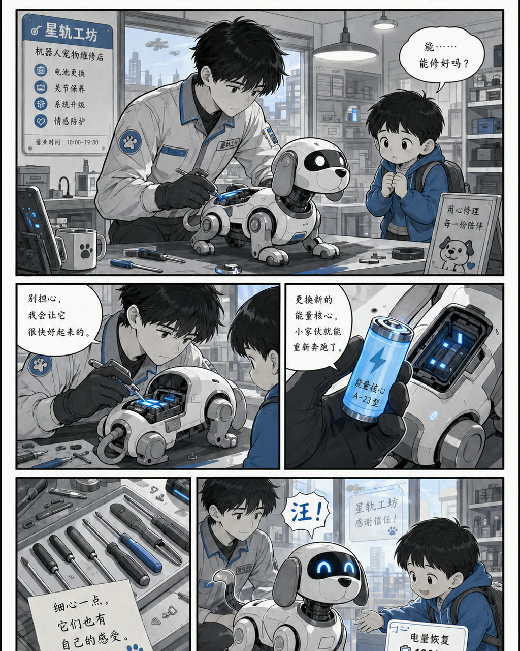 机器人宠物维修店漫画，原创漫画风格样本，包含清晰漫画版式、角色动作和可见中文标题。
