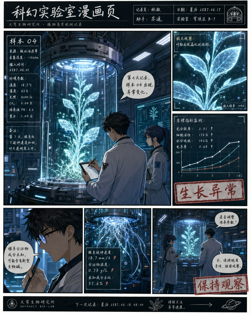 科幻实验室漫画页，原创漫画风格样本，包含清晰漫画版式、角色动作和可见中文标题。