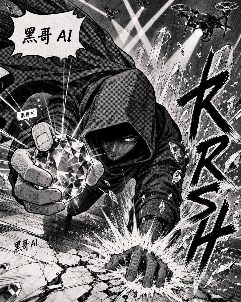 黑白漫画扉页：兜帽神偷扑向发光宝石，大理石地面裂开，巨型手写 KRRSH 拟声词和 too easy 对话框。