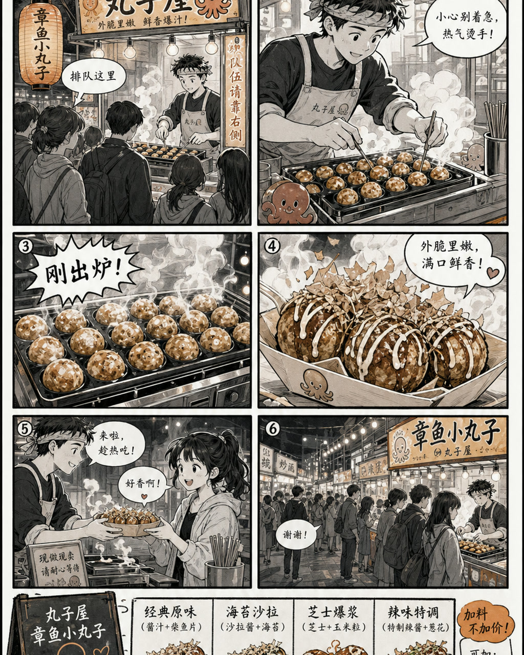 夜市小吃漫画页，原创漫画风格样本，包含清晰漫画版式、角色动作和可见中文标题。