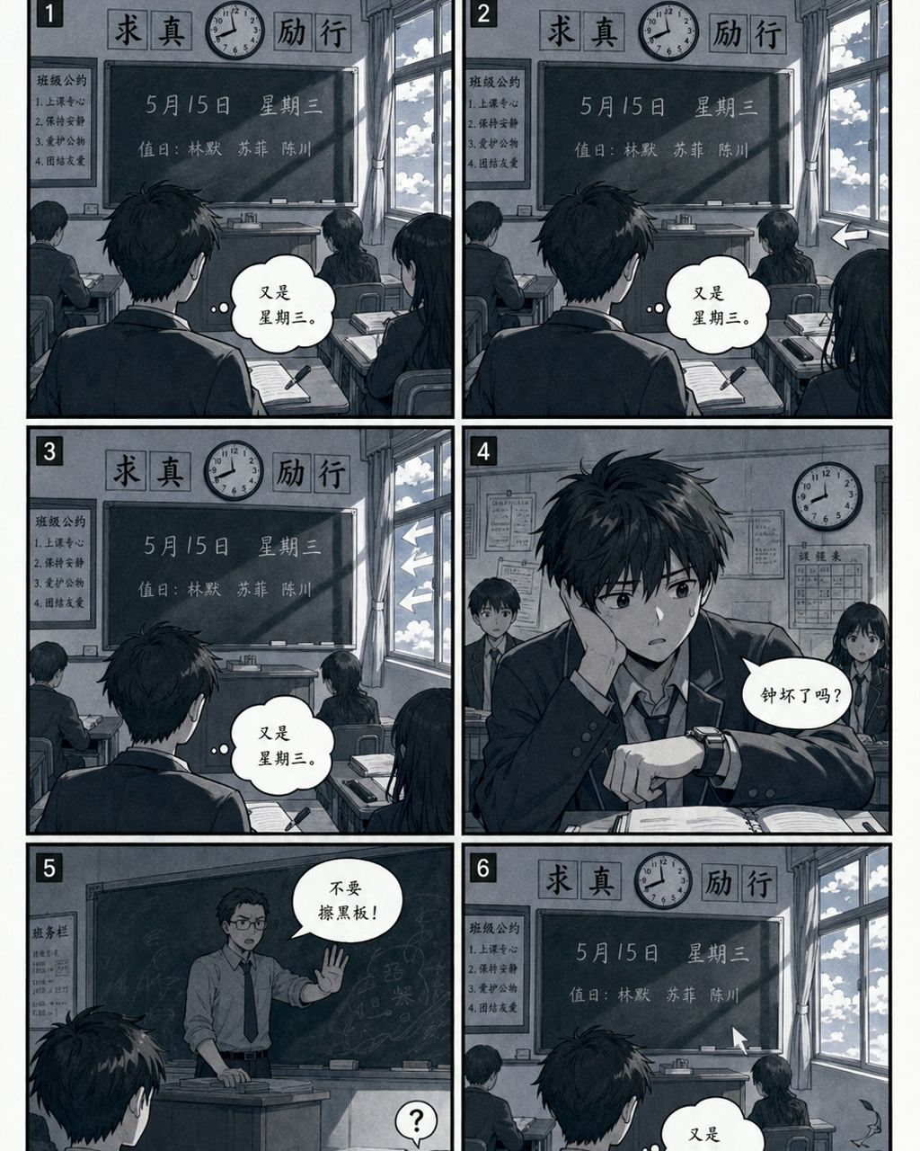 时间循环漫画教室，原创漫画风格样本，包含清晰漫画版式、角色动作和可见中文标题。