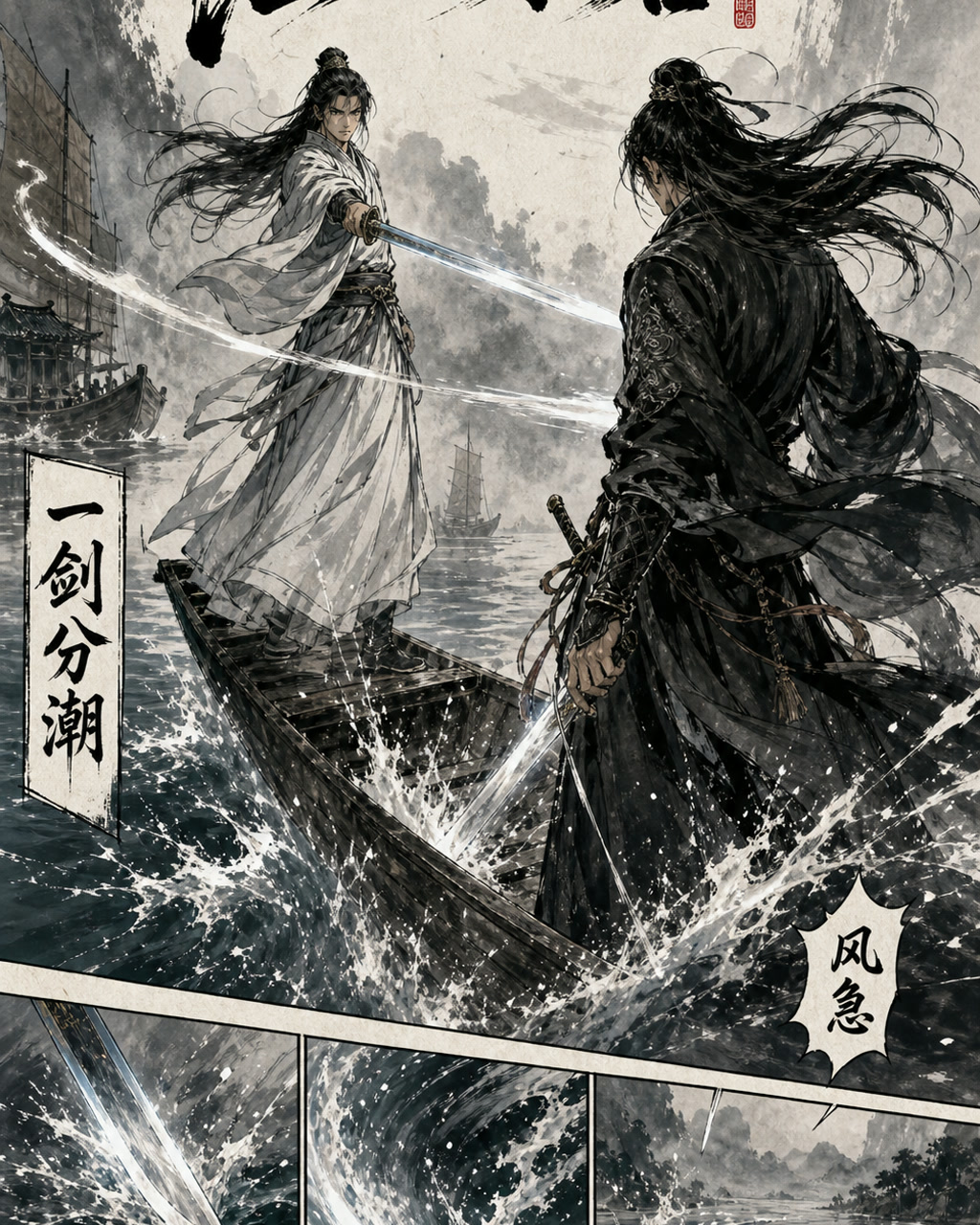 武侠漫画水墨江上对决，原创漫画风格样本，包含清晰漫画版式、角色动作和可见中文标题。