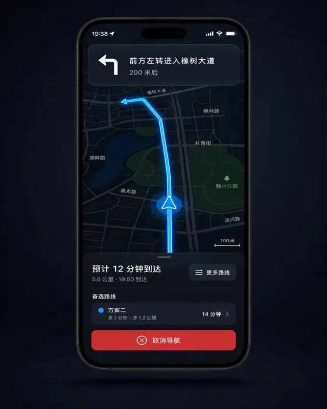 真实比例手机样机,屏幕内为深色逐步导航地图、电蓝路线、中文转向指令横幅和底部 ETA 抽屉。