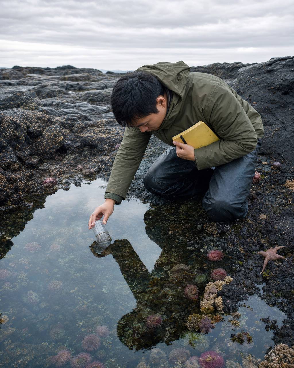 海洋生物学家蹲于潮池边持标本罐，阴天漫射光，深色玄武岩与低饱和海葵色点缀。