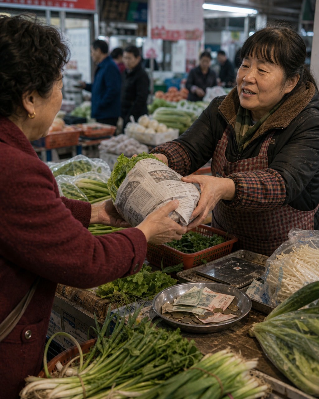 菜市场旧报纸包菜案例图，菜市场摊主用旧报纸包蔬菜递给顾客，报纸文字模糊不可读，前景青菜和零钱，真实生活。