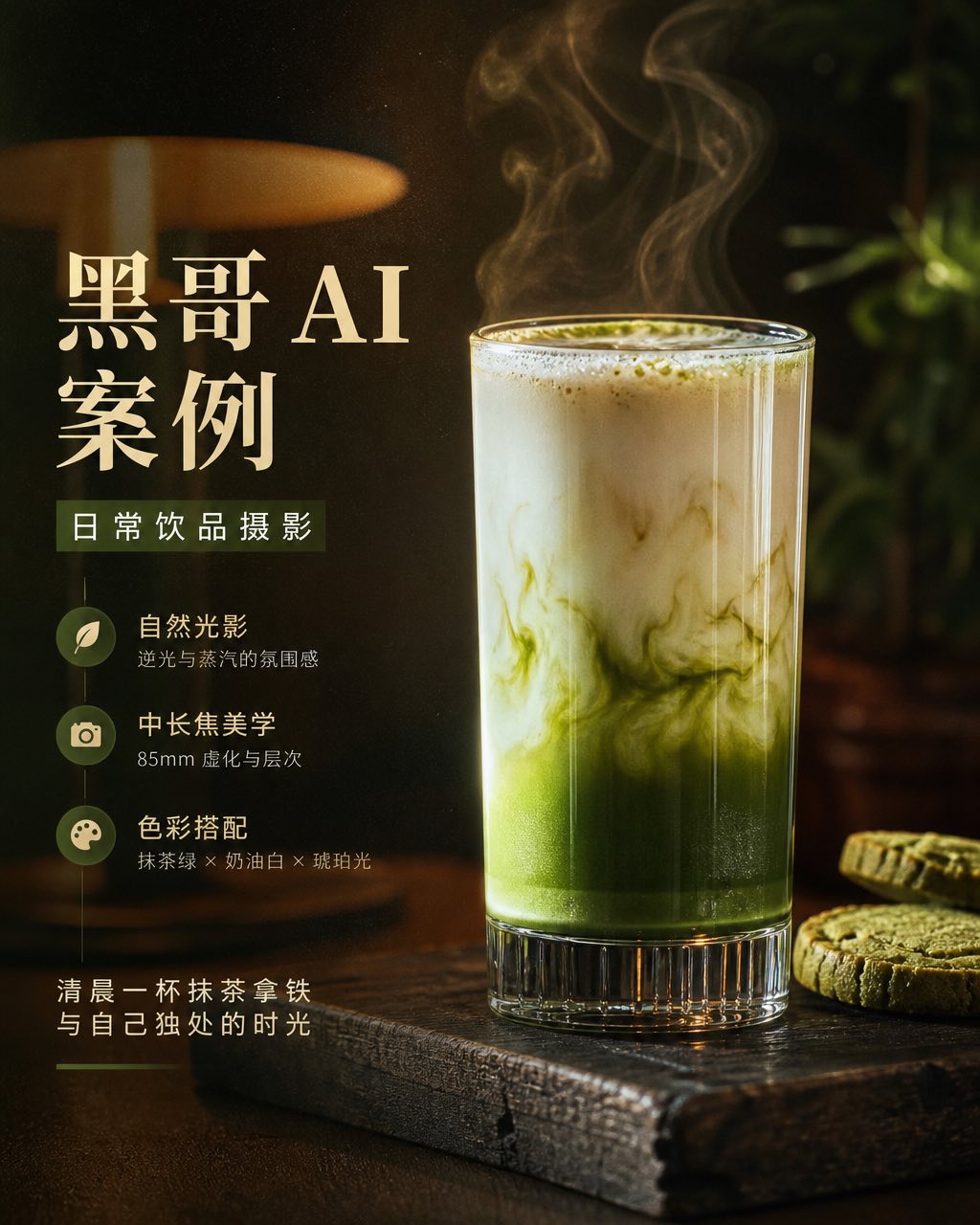 侧面拍摄高玻璃杯抹茶拿铁，翠绿到奶油色层次分明，蒸汽升腾，深色橡木板衬底逆光效果。
