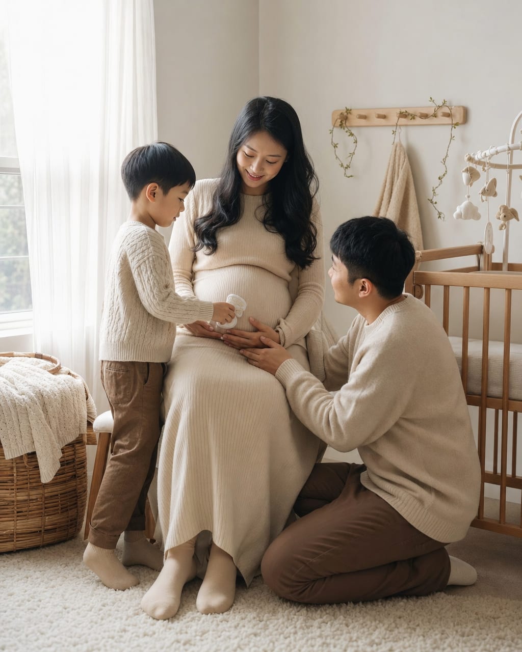 孕期家庭纪念照：柔光、浅色服装和亲密姿态，表达期待与温柔。