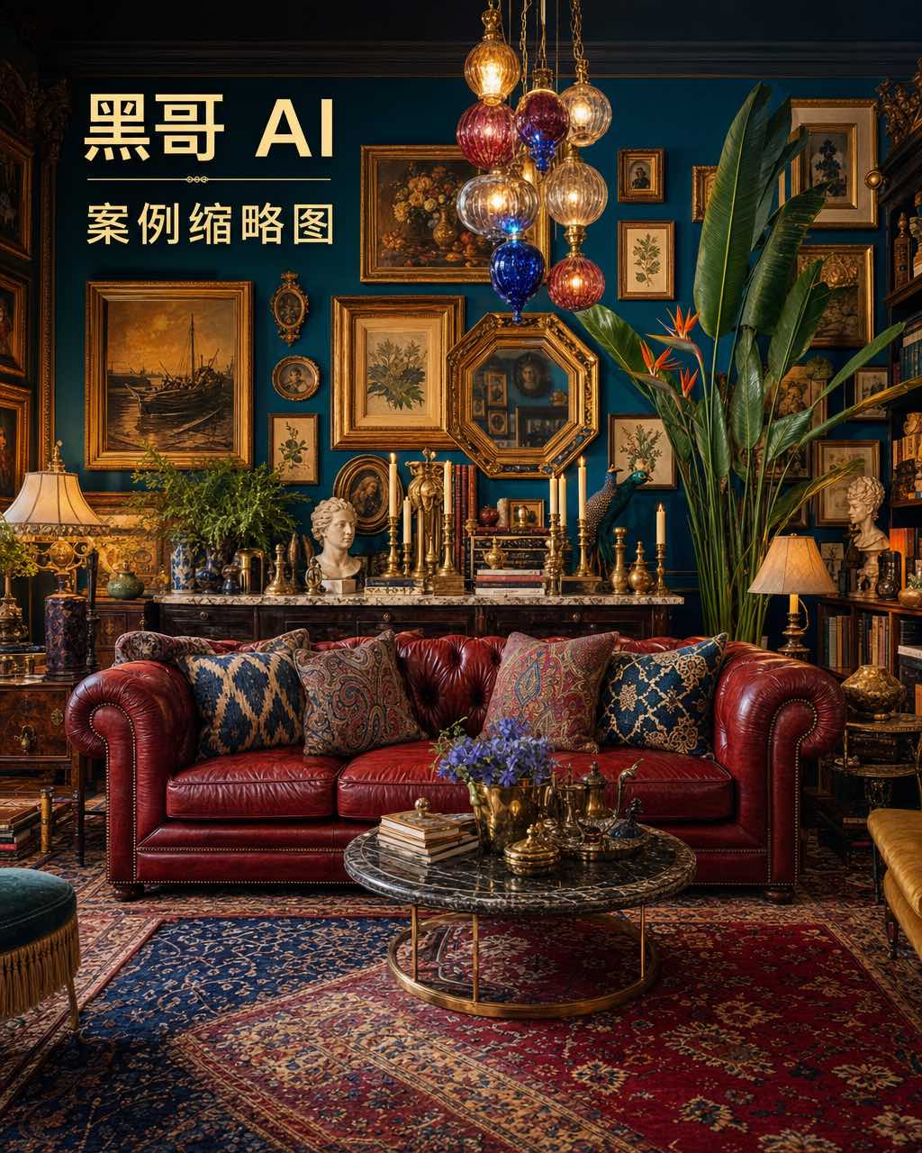 繁复折衷主义沙龙，孔雀蓝漆墙配镀金画廊墙，牛血红切斯特菲尔德沙发，叠层宝石色地毯与穆拉诺风格吊灯。