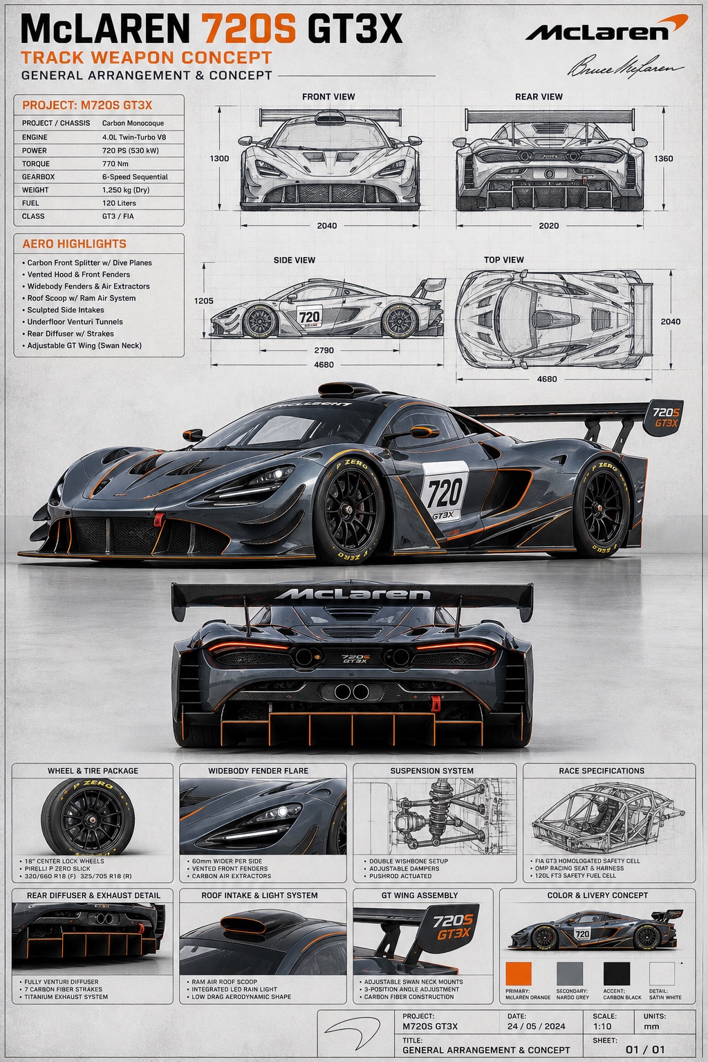 竖版汽车技术蓝图海报，展示虚构的 McLaren 720S GT3X 赛道武器概念车、四视图和两张主渲染。