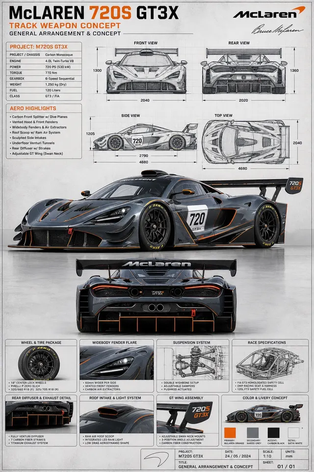 竖版汽车技术蓝图海报,展示虚构的 McLaren 720S GT3X 赛道武器概念车、四视图和两张主渲染。