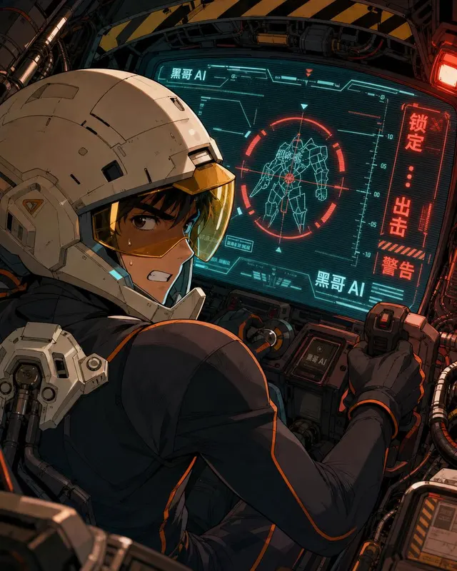 Over-the-shoulder cel-shaded view of an anime mech pilot in a graphite plug-suit gripping controls inside a cable-laden cockpit, cyan HUD on the left, red warning lamp on the right.