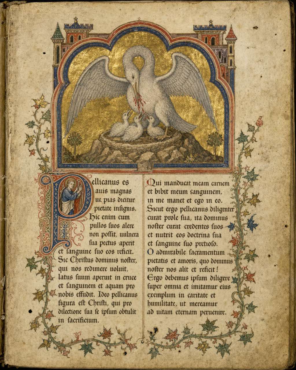 13世纪英国动物寓言羊皮纸页，金叶背景鹈鹕细密画，哥特双栏文字，叙事首字母P，常春藤页边装饰。