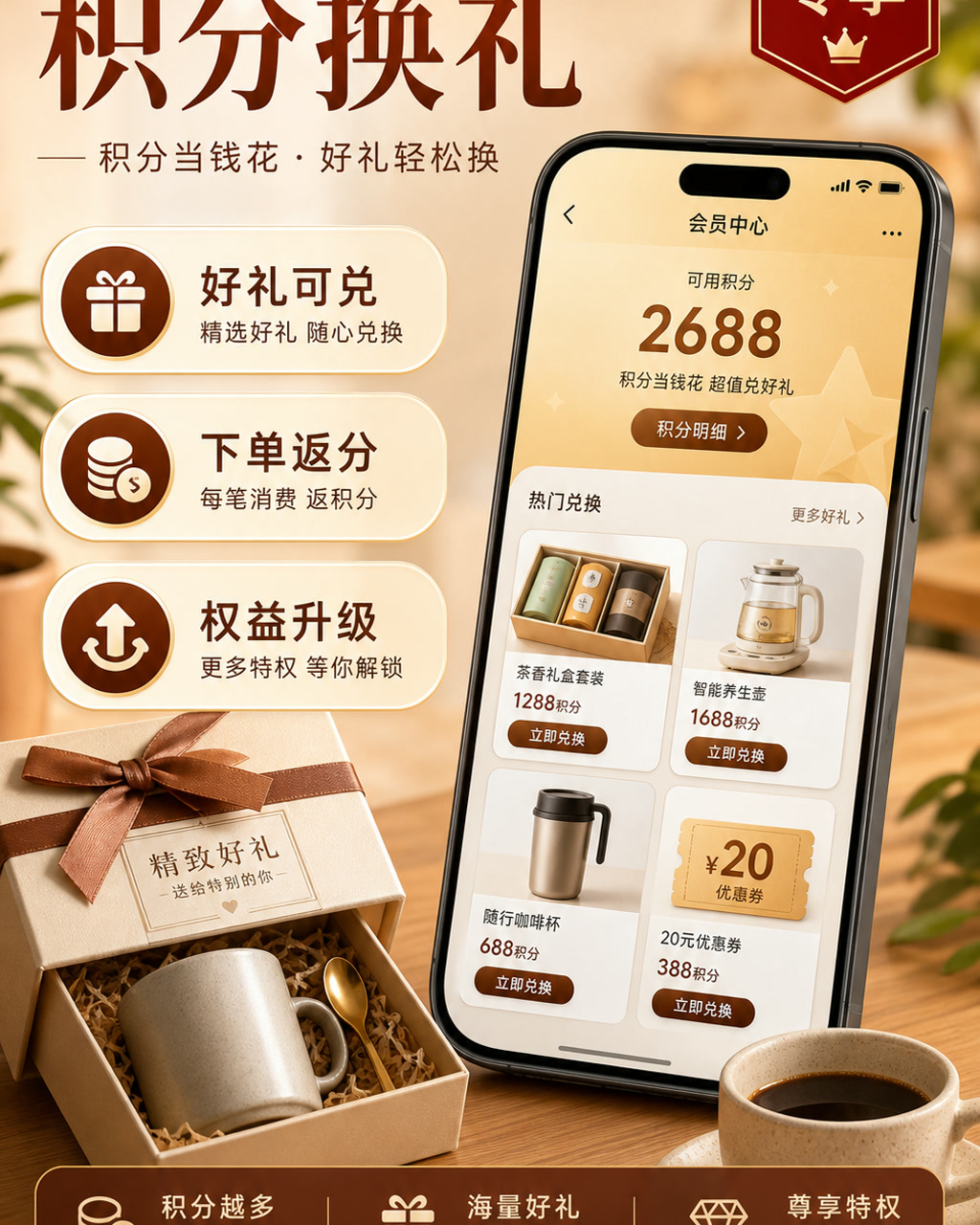会员积分兑换图，主文案为「积分换礼」，卖点为「好礼可兑、下单返分、权益升级」。