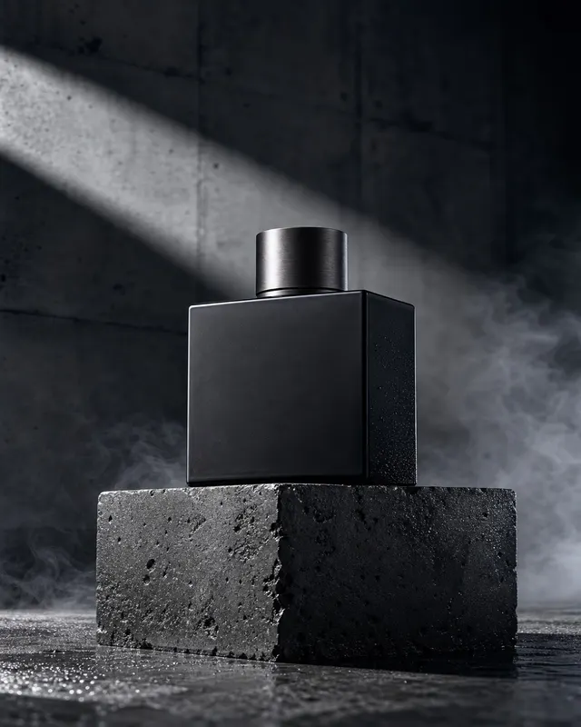 Squat dark-grey cologne bottle on rough cast concrete with a single hard overhead shadow and a fine rear rim light, full monochrome palette.