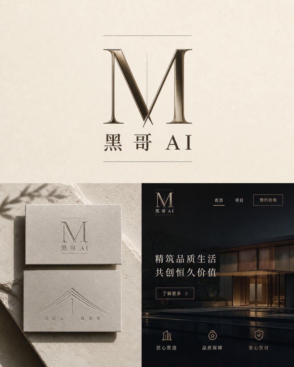 Meridian 房地产品牌识别，午夜青铜古典衬线 M 标志，发线装饰，小型大写字标，奶油色、压凸名片和深色模式三版。