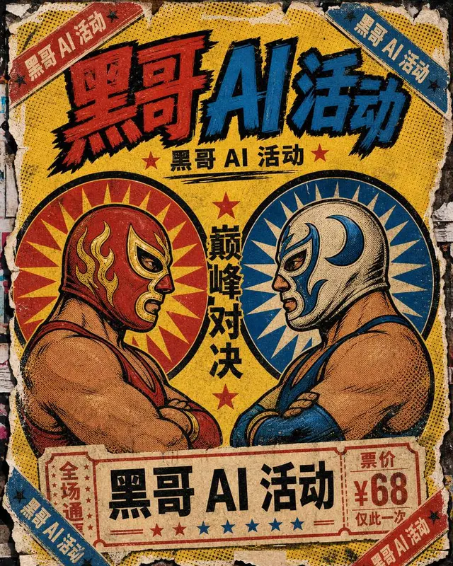 鲜艳的墨西哥摔角海报:两位面具摔角手对峙,标题 "GRAN FUNCION",黄色半调网点背景。