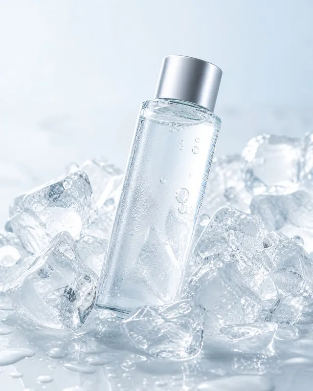 Clear PET micellar water bottle in a tray of sparkling ice cubes with condensation, mint leaves scattered on ice, white background.